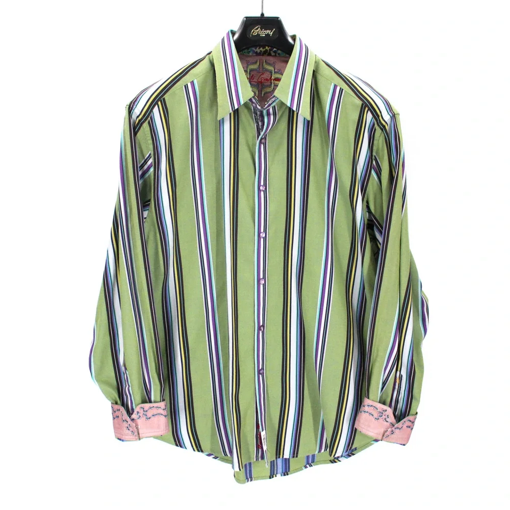 Robert Graham Green Color Stripe Cotton Flip Cuff Button Long Sleeve Shirt 2XL
